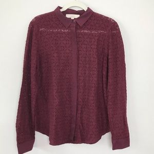 Loft Eyelet Burgundy Button Up Size Large